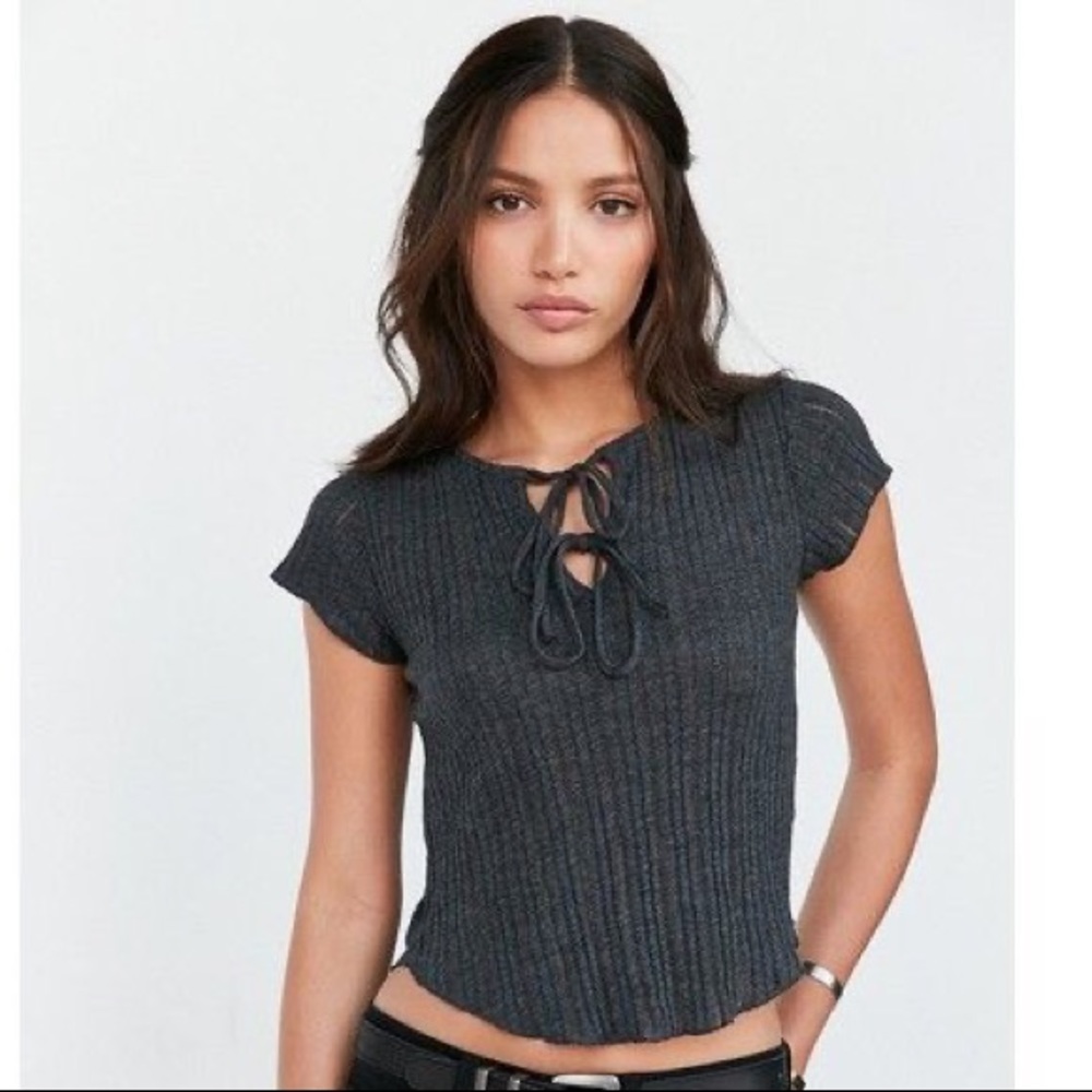 Kimchi Sally Ribbed Knit Lace Up Tee